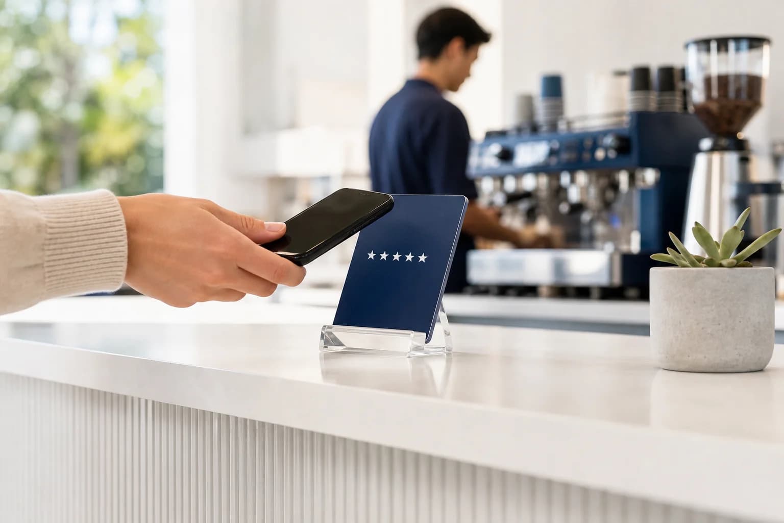 Customer tapping a phone on a Tapora NFC card at a cafe counter