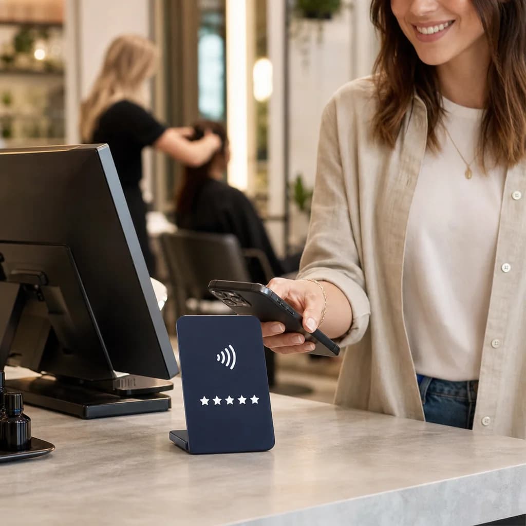 Tapora card on a salon counter